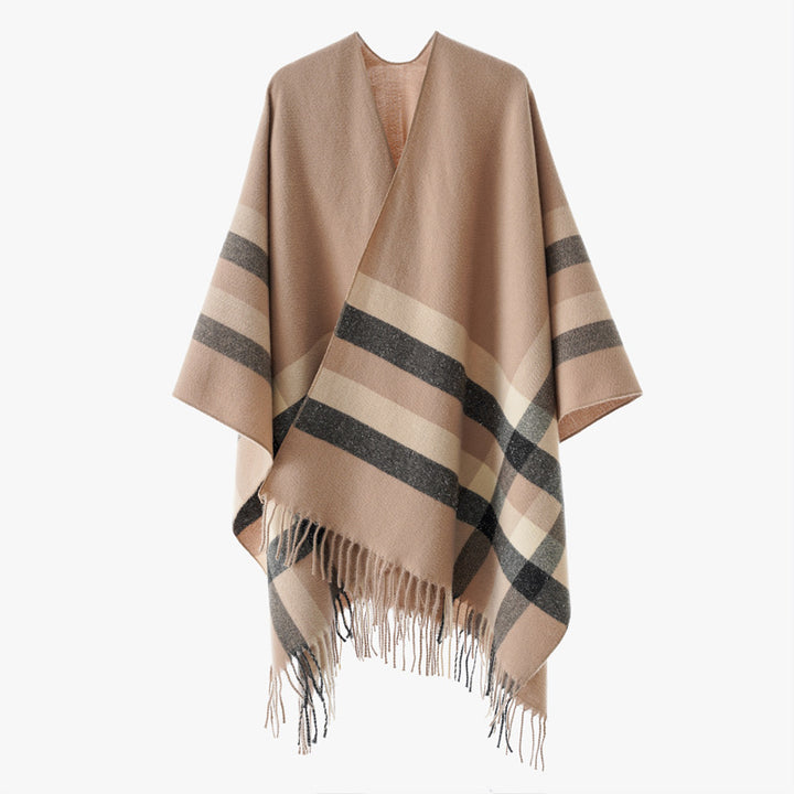 Damen Wollmix-Capeponcho im Oversize-Kimono mit Karomuster und Fransensaum – Montévia