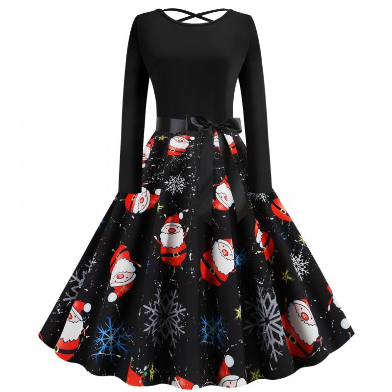 Damen Festliches Swingkleid mit Nikolausprint, tailliertem Satinband und gekreuztem Rückendetail – Élara