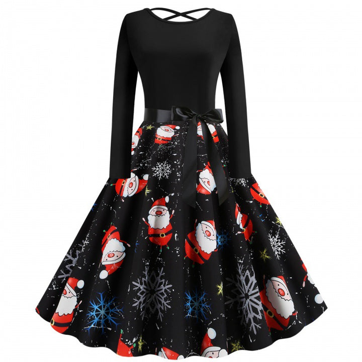 Damen Festliches Swingkleid mit Nikolausprint, tailliertem Satinband und gekreuztem Rückendetail – Élara