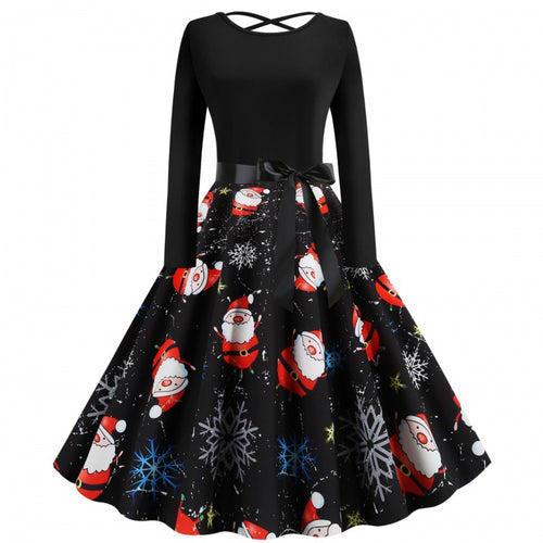 Damen Festliches Swingkleid mit Nikolausprint, tailliertem Satinband und gekreuztem Rückendetail – Élara