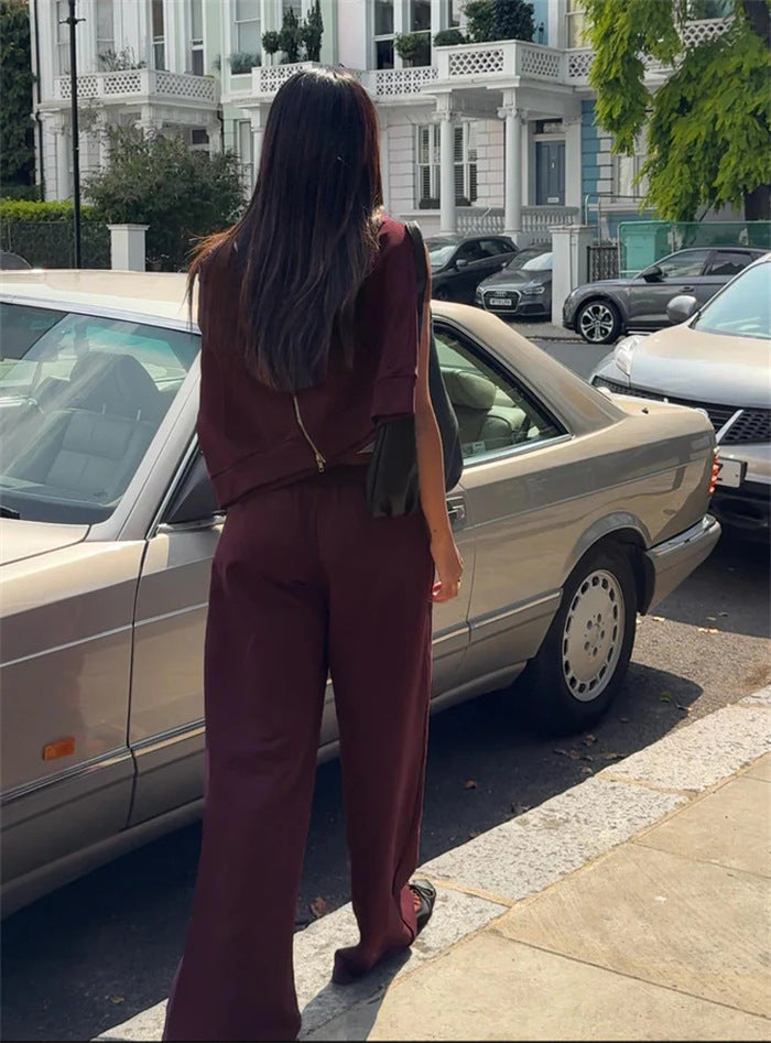 Damen gekürztes Kapuzen-Sweatshirt mit Oversize-Ärmeln und high-waist Wide-Leg Freizeithose – Auréline