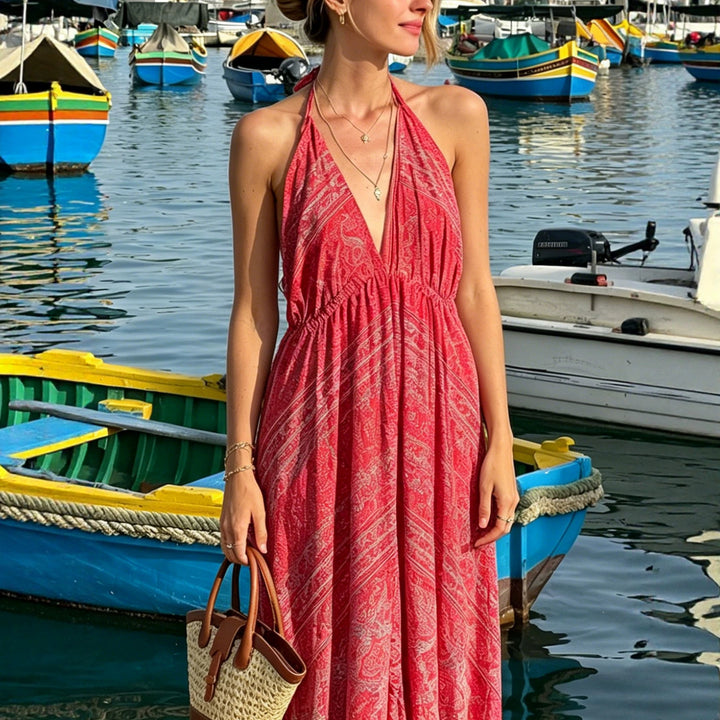 Damen Boho-Maxikleid mit Nackenband, Rückenfreiem Schnitt und Volant – Avérine