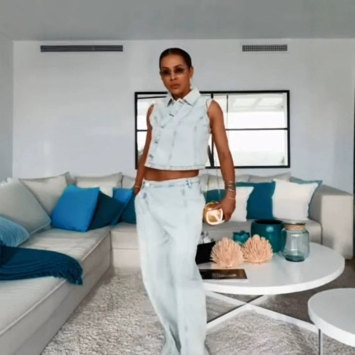 Damen Gekürztes ärmelloses Denim-Set mit taillierter Weste & weiter High-Waist-Hose Echoarchiv