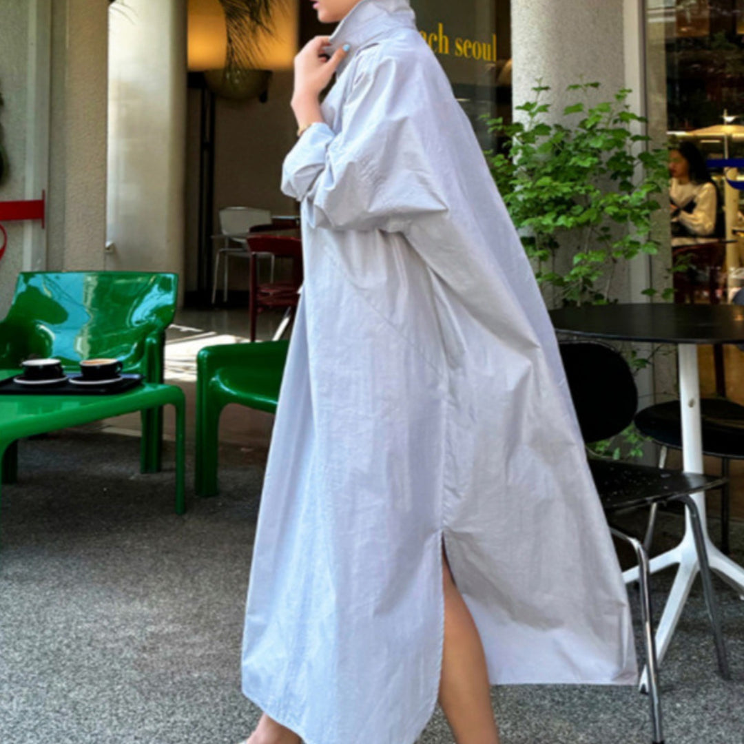 Damen Fließendes Oversize‑Hemdkleid mit Kentkragen, Kimonoärmeln und Seitenschlitzen – Valéora