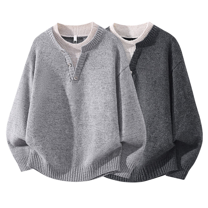Damen Oversize-Strickpullover mit Henley‑Halbknopfkragen und geripptem Saum Echoarchiv