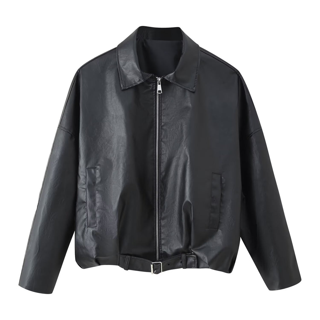 Damen Oversized Kunstleder-Bomberjacke mit Gürtel und Hemdkragen Echoarchiv