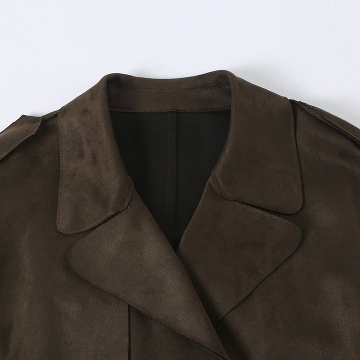 Damen Lang geschnittener Trenchcoat aus Velourslederoptik mit Bindegürtel Echoarchiv