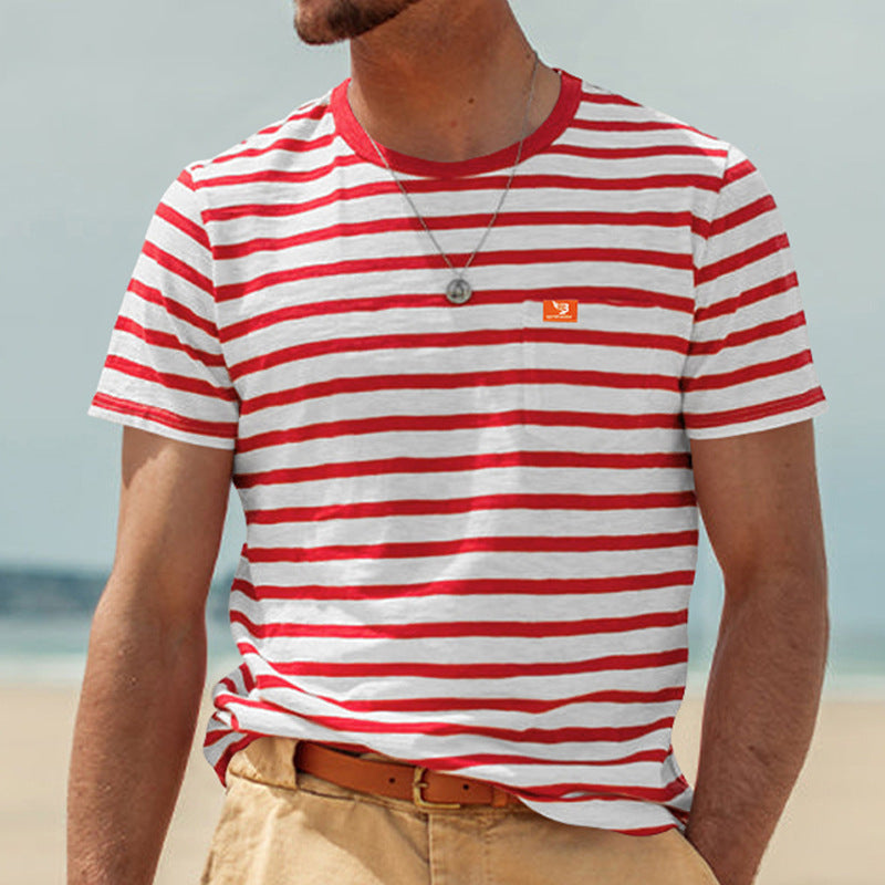 Herren Kurzarm T-Shirt mit maritimem Streifenmuster und praktischer Brusttasche Echoarchiv