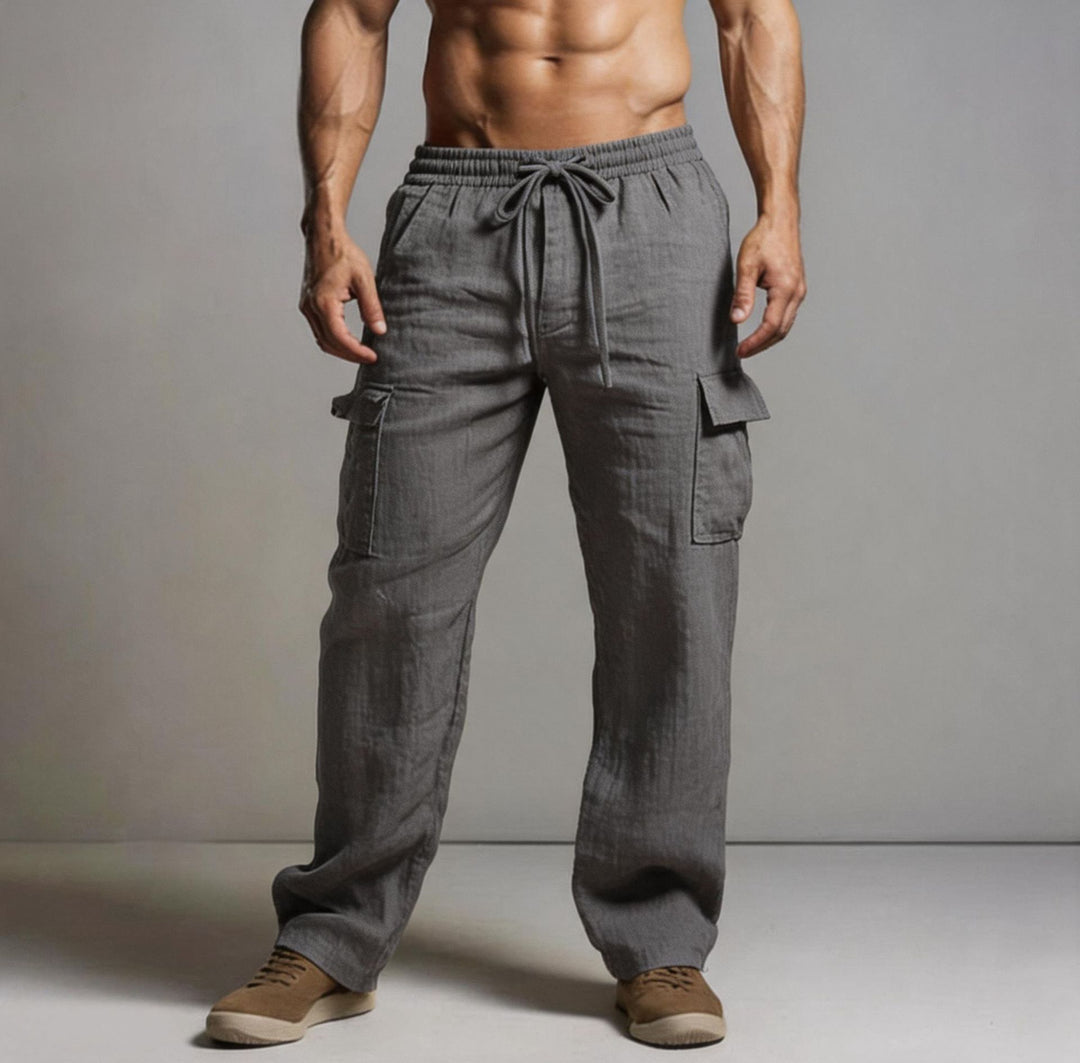 Herren leichte Leinen Cargohose mit elastischem Bund und großen Seitentaschen – Bravaro