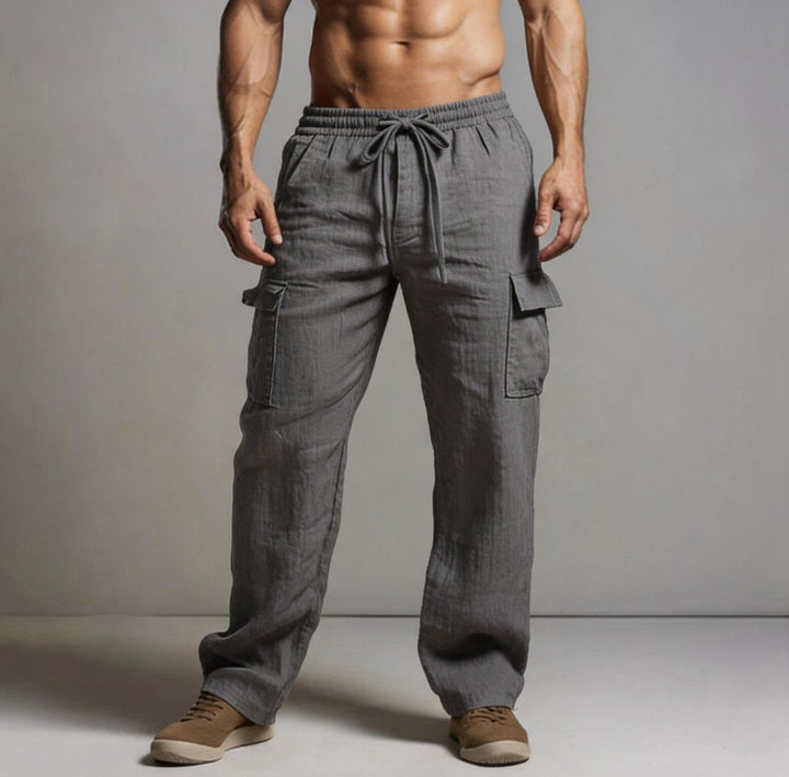 Herren leichte Leinen Cargohose mit elastischem Bund und großen Seitentaschen – Bravaro