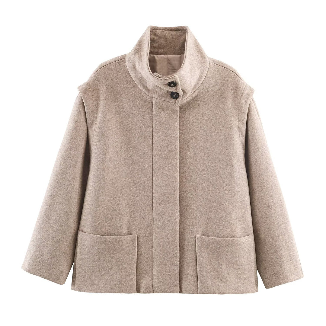 Damen Kurzer Boxy-Wollmix-Mantel mit hohem Stehkragen und verdeckter Knopfleiste Echoarchiv