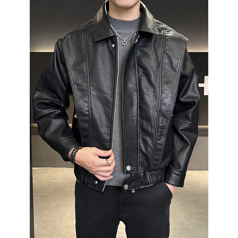 Herren Kurzer Oversized Lederimitat-Blouson mit Stehkragen, Reißverschluss und elastischem Saum Echoarchiv