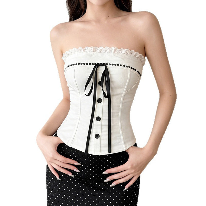 Damen Bustier-Oberteil mit dekorativem Rüschensaum und Knopfdetails Echo Archiv