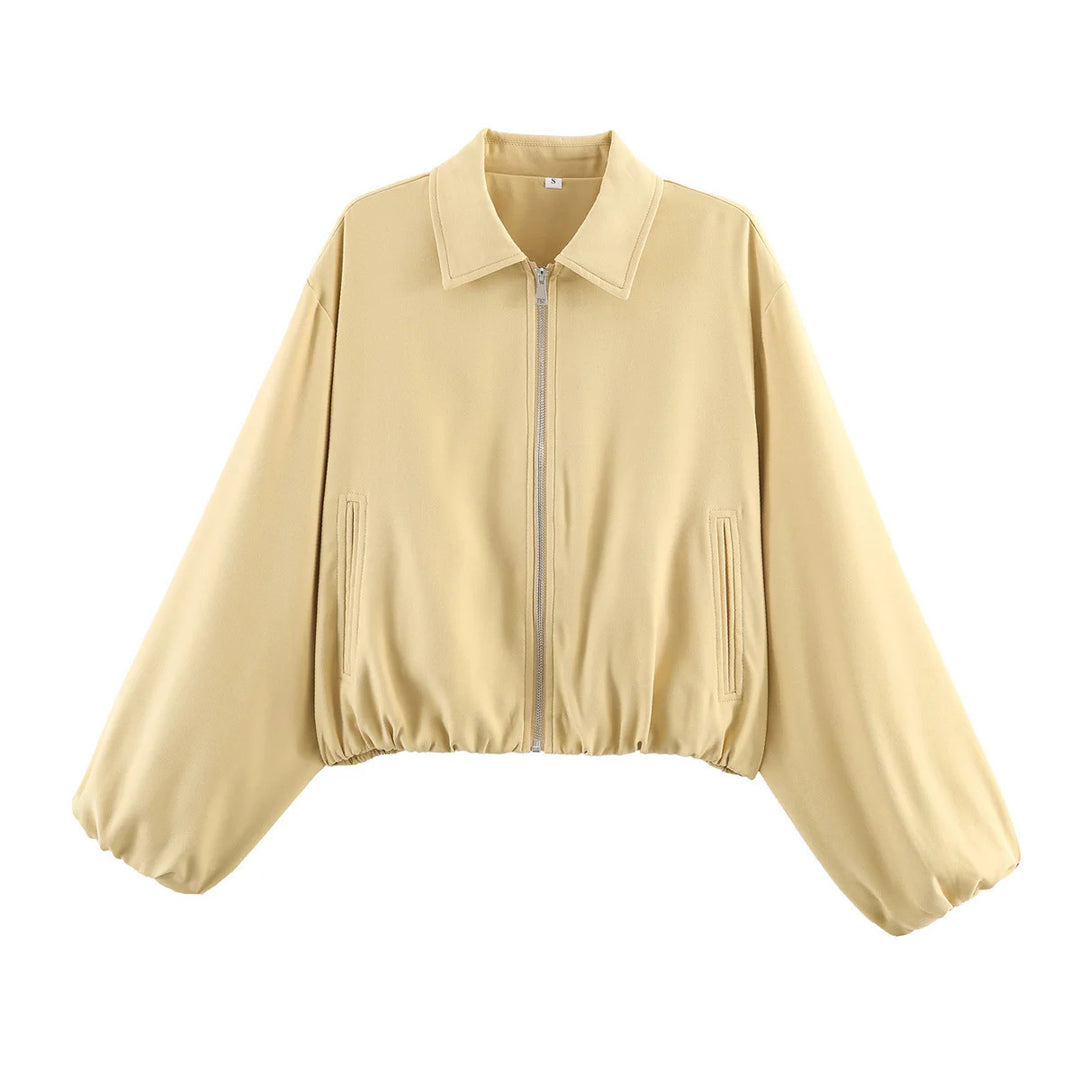 Damen nan Cropped Bomberjacke mit durchgehendem Reißverschluss, weitem Ballonärmeln und elastischem Saum Echo Archiv