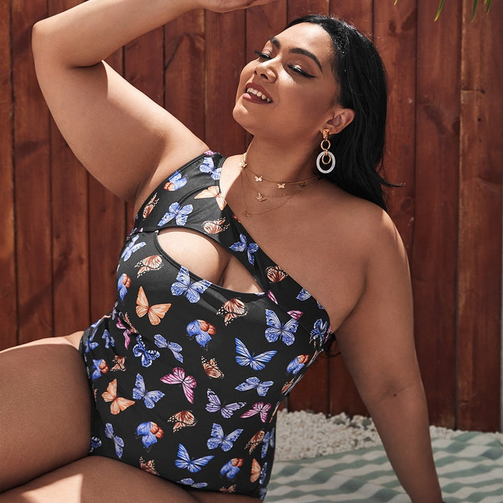 Damen Einseitiger Cut-Out Badeanzug mit floralen Schmetterlingsmotiven Echo Archiv