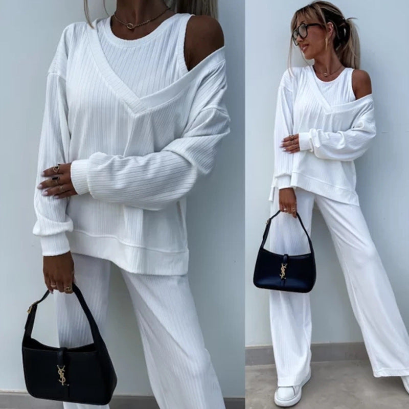 Damen nan elegantes Rippstrick-Zweiteiler Lounge-Set mit einseitigem Schulterfreischnitt und weitem Palazzo-Hosenbein Echo Archiv