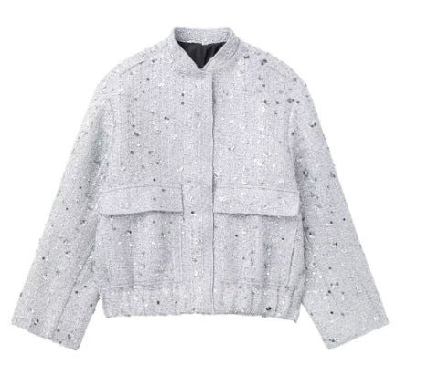 Damen verzierte Bouclé-Bomberjacke mit Pailletten und Strass Echo Archiv