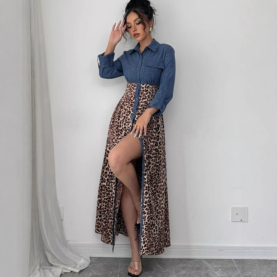 Damen Hemdblusenkleid mit Jeansoberteil und Leoparden-Maxirock – Élovi