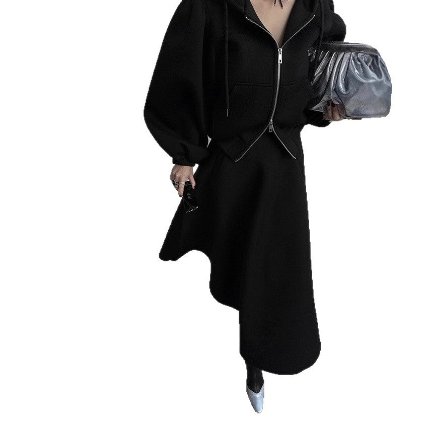 Damen Elegantes Sweatset aus Scuba‑Jersey mit Ballonärmeln und ausgestelltem Midirock – Élanora