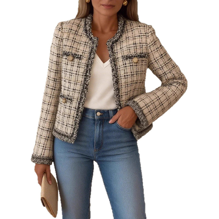 Damen nan kurze Bouclé-Tweedjacke im klassischen Schnitt mit Fransenbesatz und Zierknöpfen Echo Archiv