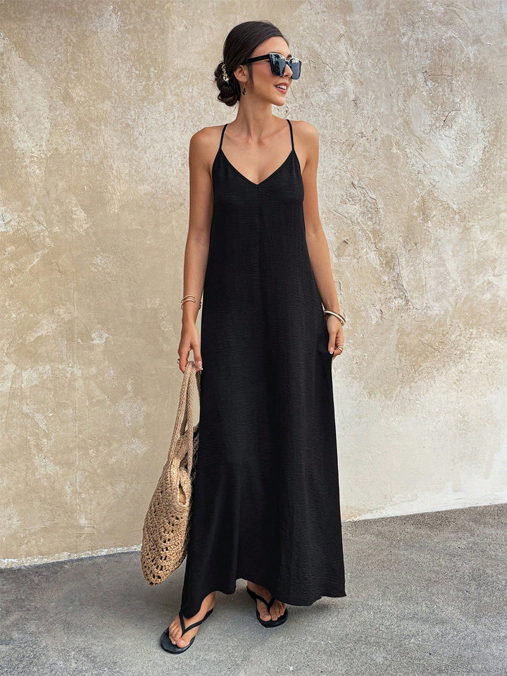 Damen Fließendes Maxikleid mit Spaghettiträgern, V-Ausschnitt und sommerlicher Leinenoptik Echo Archiv