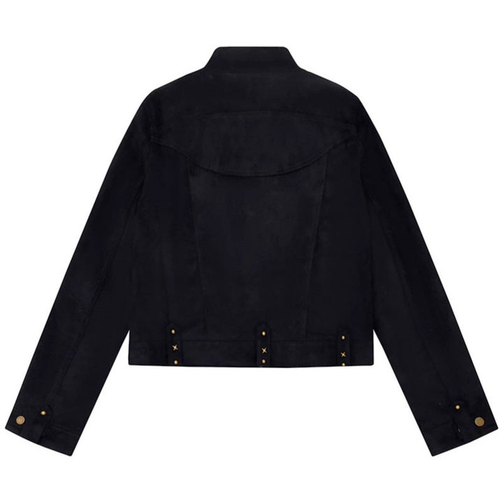 Damen Kurz geschnittene Velourslederjacke mit Stehkragen, Zier‑Nieten und Pattentaschen Echoarchiv