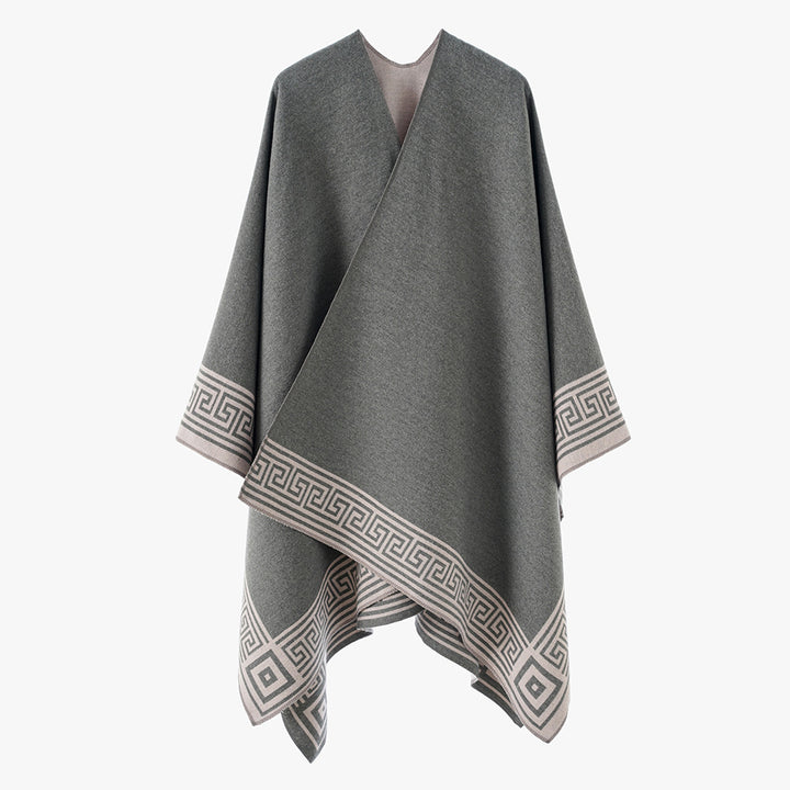 Damen Poncho‑Cape mit griechischer Bordüre, V‑Ausschnitt und kastigem Oversize‑Schnitt – Avérine