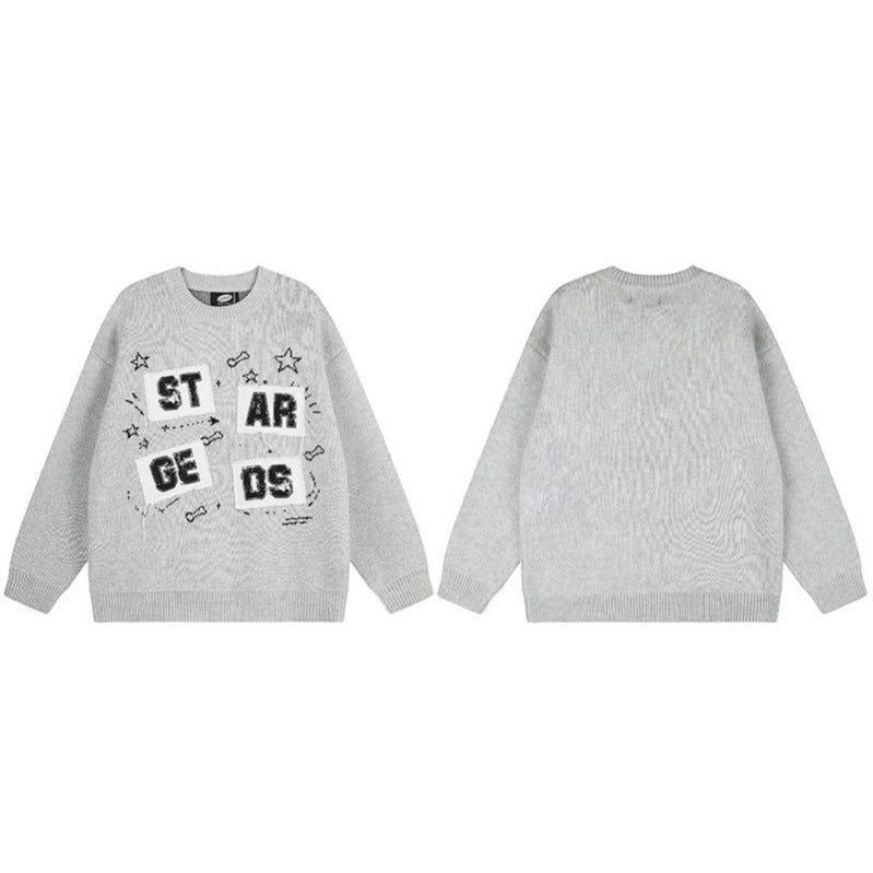 Damen Oversize-Strickpullover mit Rundhalsausschnitt, Applikationen und Vintage-Buchstabenpatches Echoarchiv