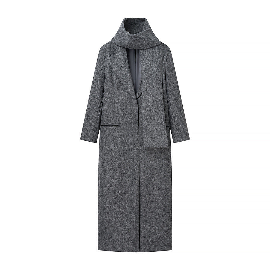 Damen Maxilanger Wollmix-Mantel mit integriertem Loop-Schal und cleanem Revers Echo Archiv