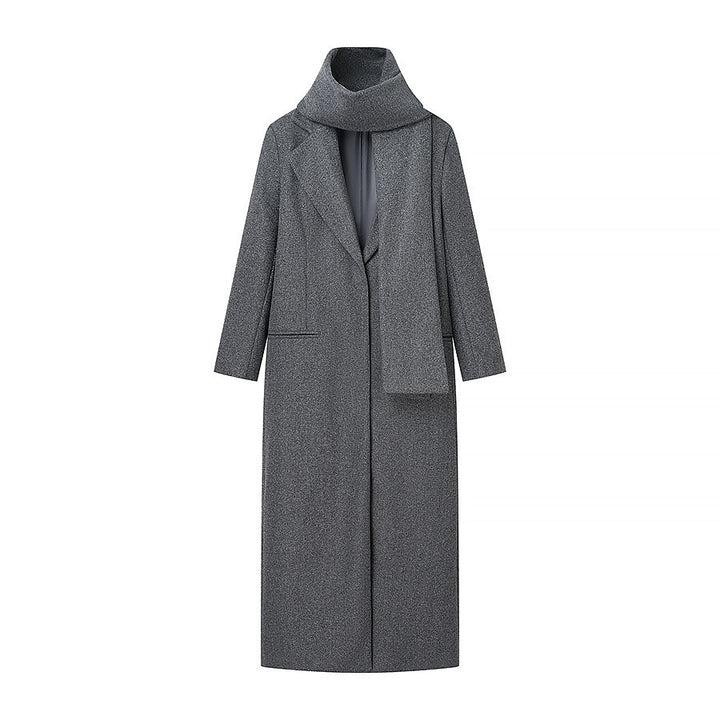 Damen Maxilanger Wollmix-Mantel mit integriertem Loop-Schal und cleanem Revers Echo Archiv
