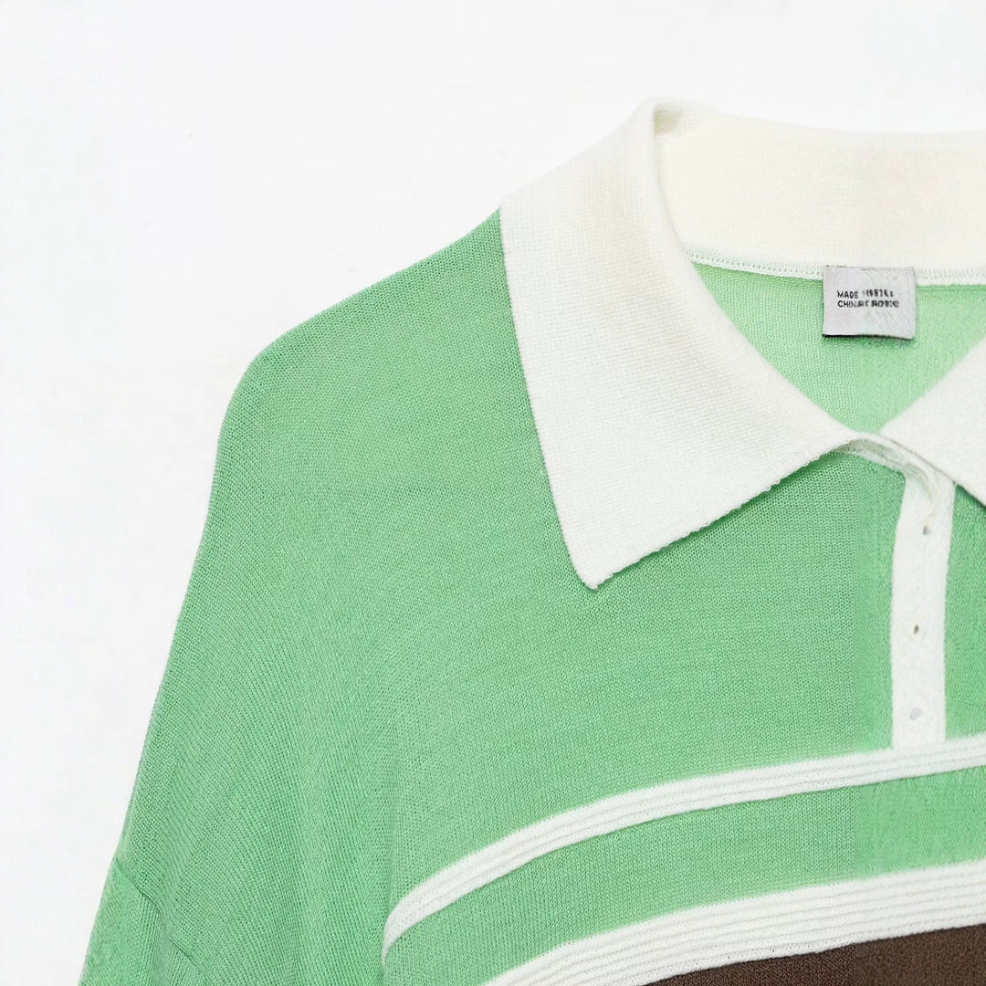 Damen Gestreifter Cropped Poloshirt-Pullover aus Feinstrick mit Rippbündchen Echo Archiv