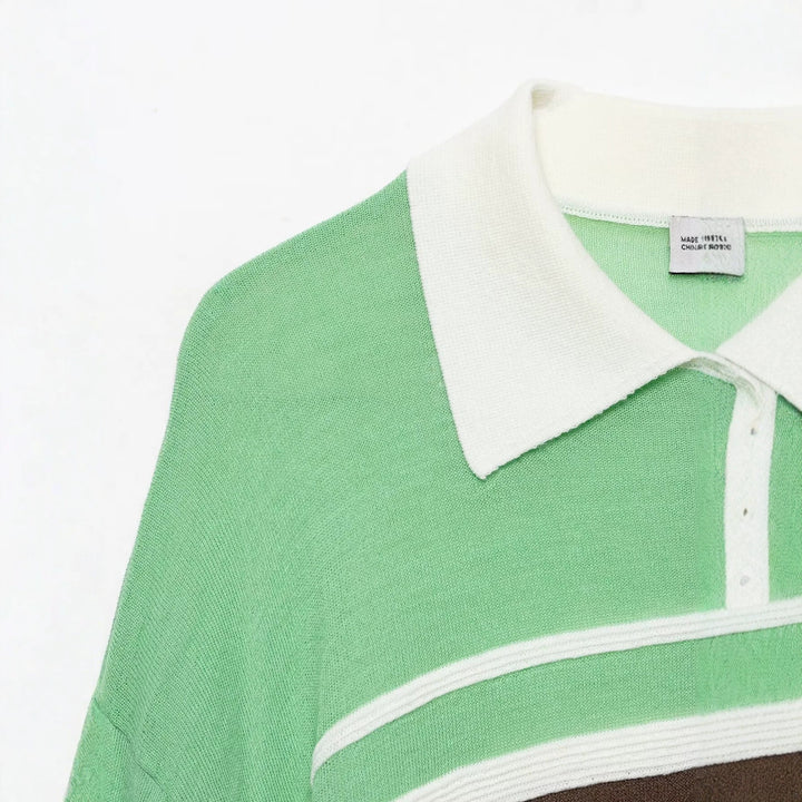 Damen Gestreifter Cropped Poloshirt-Pullover aus Feinstrick mit Rippbündchen Echo Archiv
