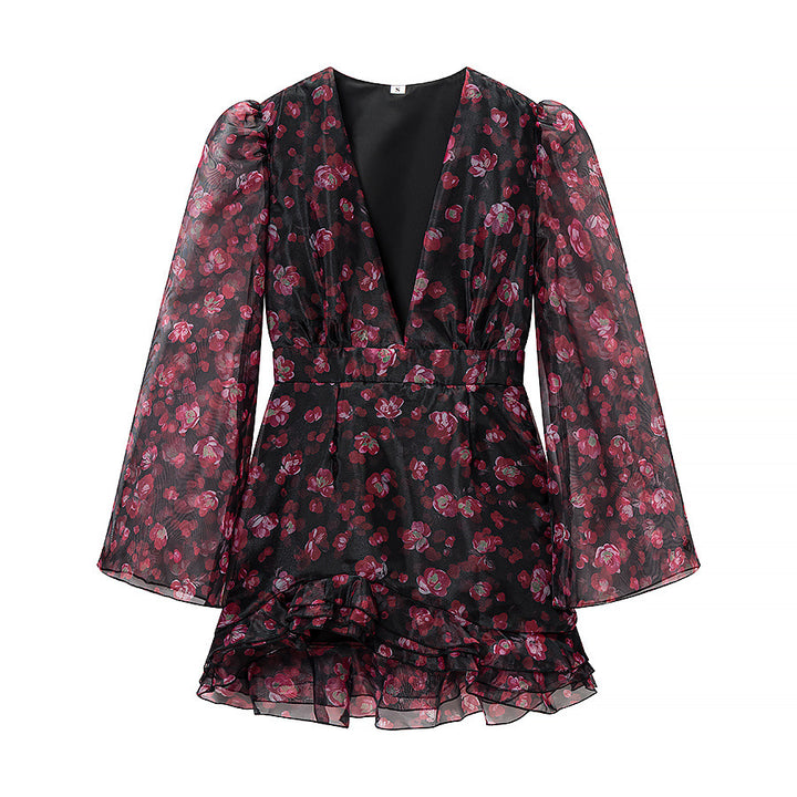 Damen Florales Chiffon-Minikleid mit tiefem V‑Ausschnitt, Rüschenstufen und Trompetenärmeln Echo Archiv