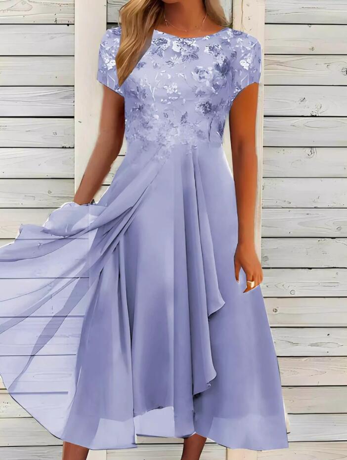 Damen nan elegantes Chiffon-Midikleid mit floraler Spitzenapplikation und fließendem Tellerrock Echoarchiv