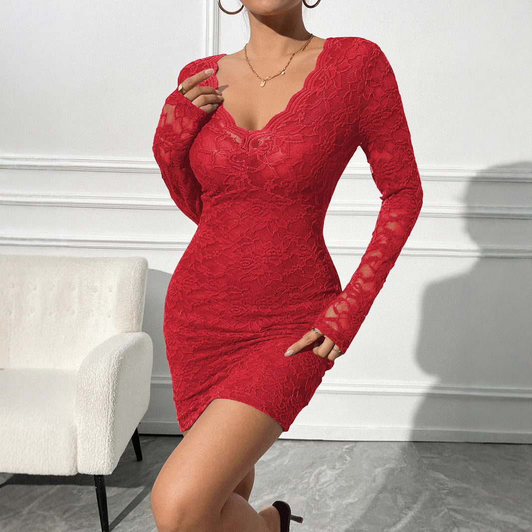 Damen Spitzenkleid mit V-Ausschnitt und langem Arm Echoarchiv