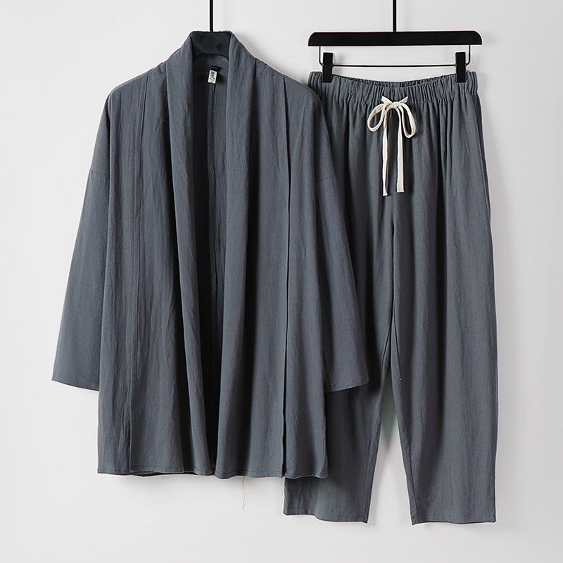 Unisex Lockeres Kimono-Lounge-Set aus leichter Baumwollmischung mit Schalkragen und Kordelbundhose Echoarchiv