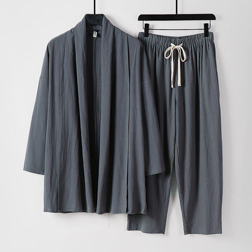 Unisex Lockeres Kimono-Lounge-Set aus leichter Baumwollmischung mit Schalkragen und Kordelbundhose Echoarchiv