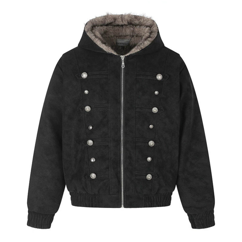 Damen Kapuzen-Bomberjacke aus Veloursimitat mit Kunstfell‑Futter und dekorativen Reliefknöpfen Echoarchiv