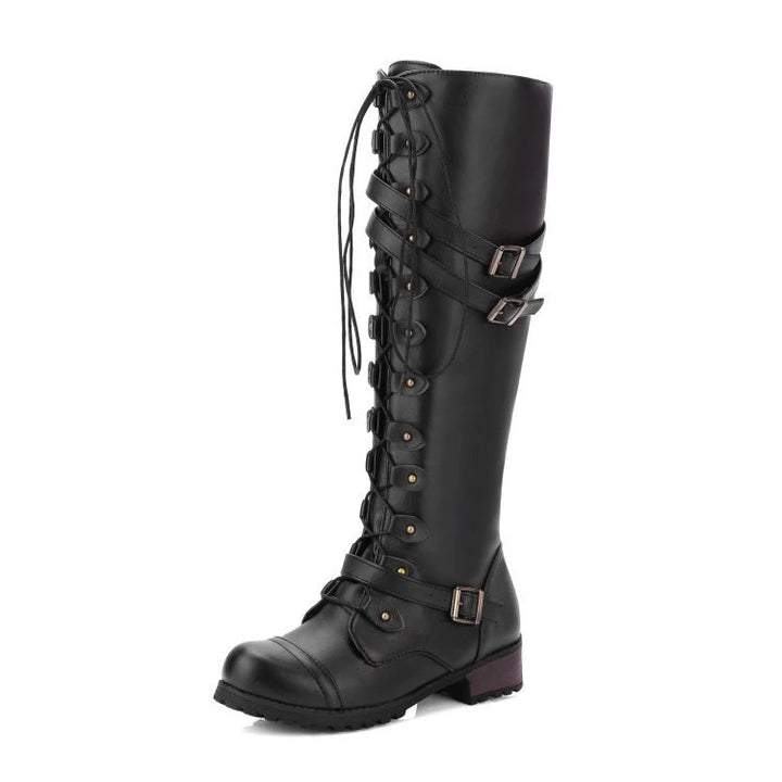 Damen Kniehohe Schnürstiefel mit verstellbaren Zierschnallen und robuster Profilsohle – Lioré