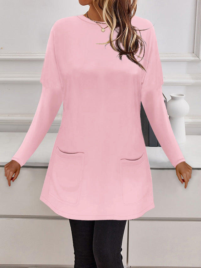Damen Longline Feinstrick-Tunika mit Rundhalsausschnitt und aufgesetzten Taschen – Mavelle
