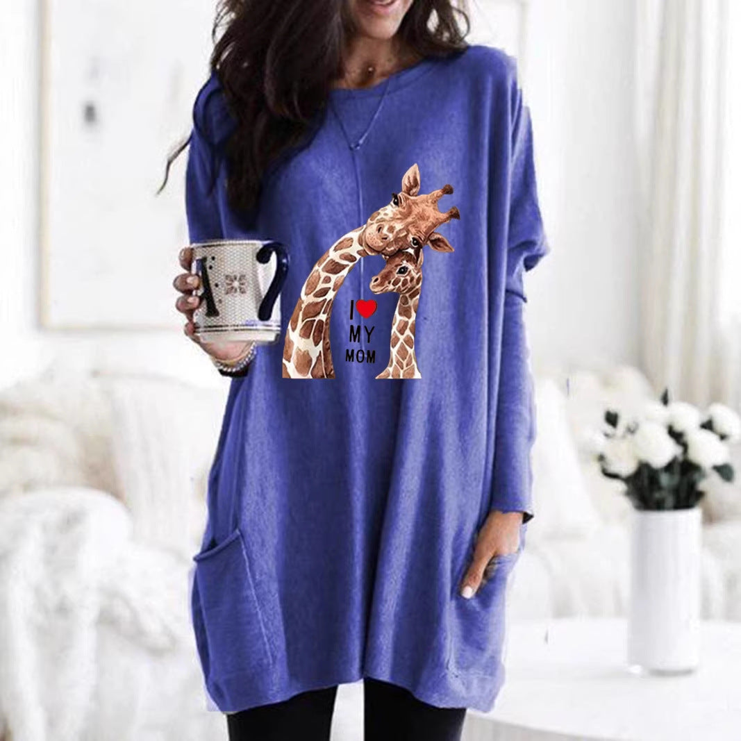 Frauen Übergroße Sweatkleid mit Giraffenmuster, Rundhalsausschnitt und Seitentaschen Echoarchiv