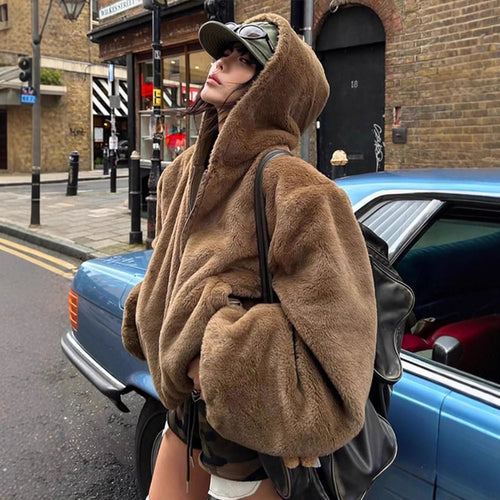 Damen Kurze Teddy-Fauxfur-Bomberjacke mit Kapuze, breitem Rippsaum und Zweiwege-Reißverschluss Echoarchiv