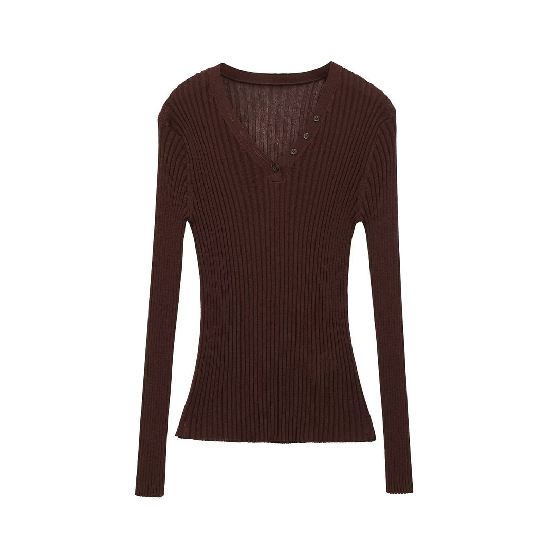 Damen Figurbetontes Rippstrick-Longsleeve mit V-Ausschnitt und Zierknopfleiste Echo Archiv