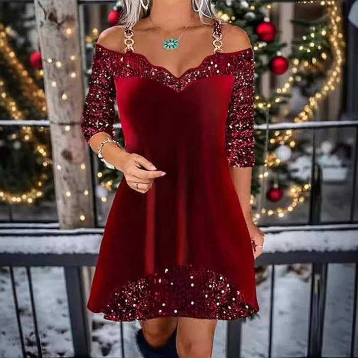Damen nan schulterfreies Pailletten-Swingkleid mit zierlichen Ketten‑Trägern, halblangen Ärmeln und Volantbesatz Echo Archiv