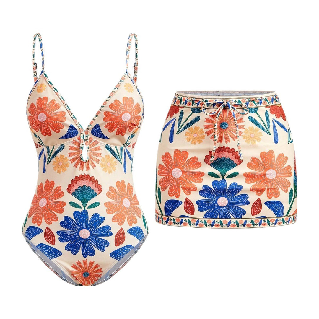 Damen Bikini-Set mit floralem Design und passendem Rock Echo Archiv