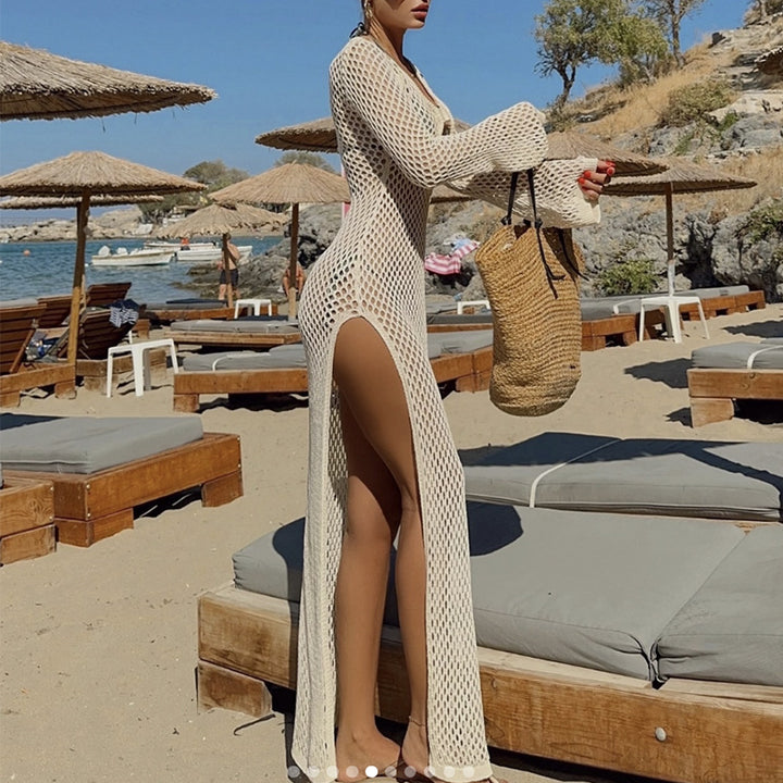 Damen Häkel-Strandüberwurf mit dekorativem V-Ausschnitt und modischem Schlitz Echo Archiv
