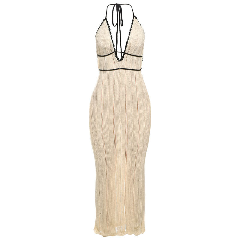 Damen Strick Maxikleid mit tiefem V-Ausschnitt und Bindebändern Echo Archiv
