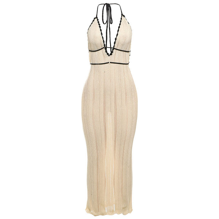Damen Strick Maxikleid mit tiefem V-Ausschnitt und Bindebändern Echo Archiv
