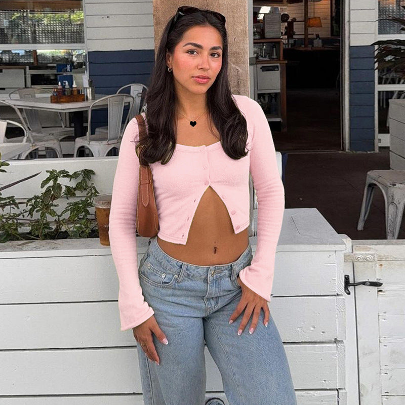 Damen Langarm-Crop-Top mit raffinierter Knopfleiste Echo Archiv