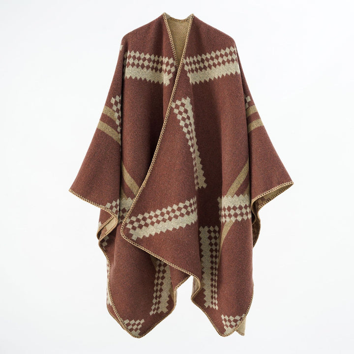 Damen Oversize-Umhangponcho aus Wollmix mit geometrischem Jacquard und Ziernaht – Célinea